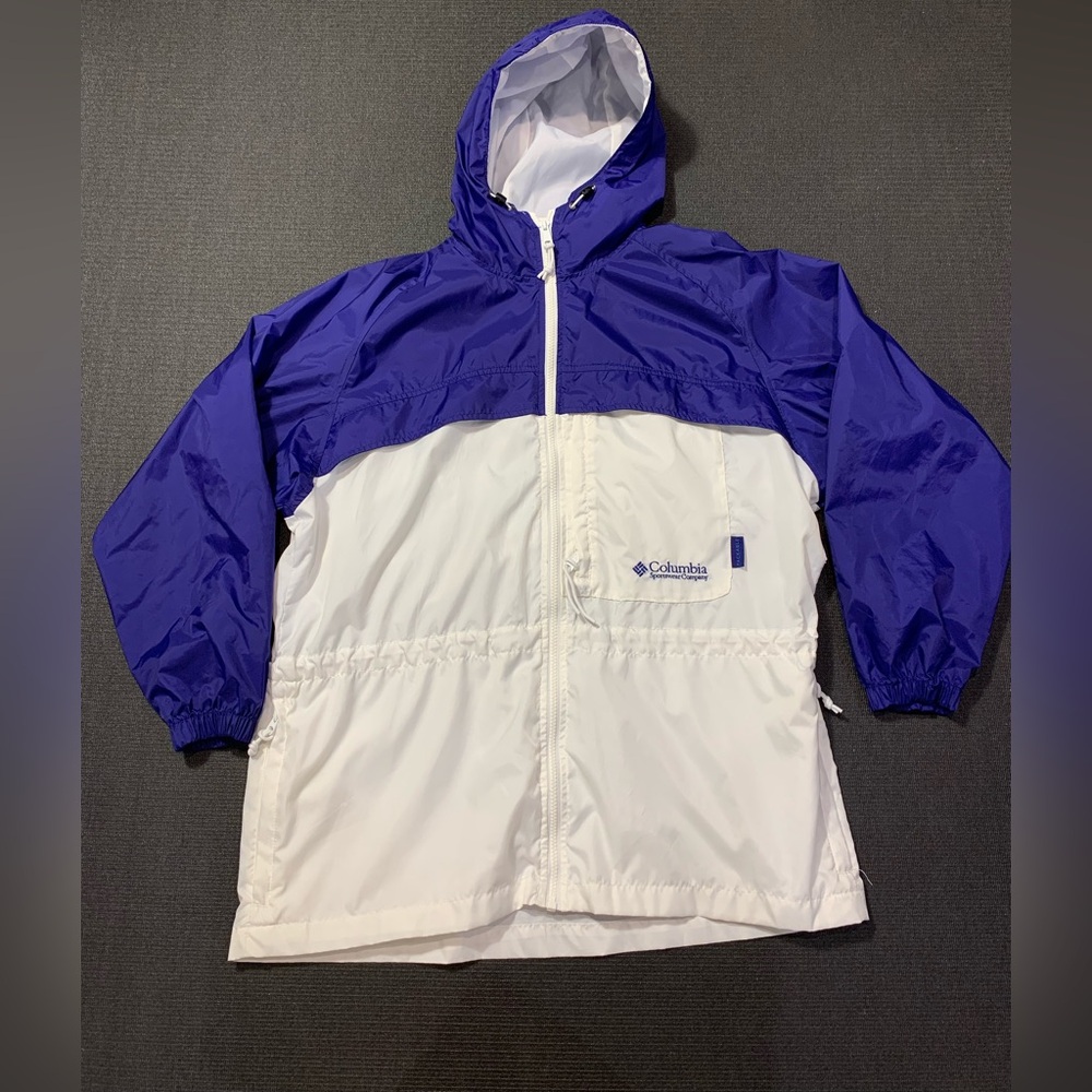 Vintage 1993‎ Womens L Columbia Full Zip Blue and White Windbreaker Jacket Hood